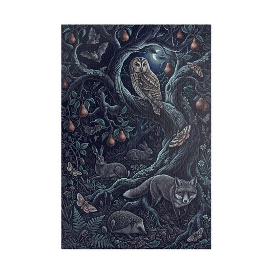 Indigo woodland illustration with an owl in a pear tree, a fox, hares, bats, moths and dense foliage rendered in pale fine lines.