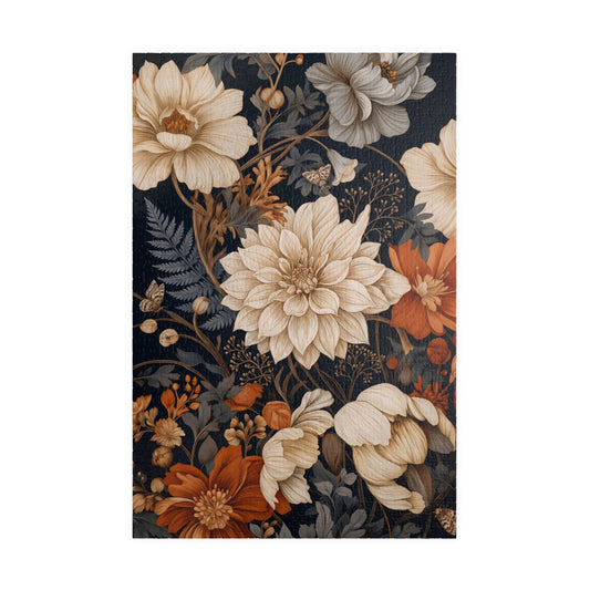 Large ivory flowers, smaller copper-coloured blooms and delicate moths woven with fine foliage against an ink-blue background.