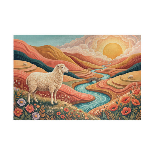 Cream sheep beside a winding turquoise stream among coral and ochre hills, colourful flowers and curled clouds under a golden sun.