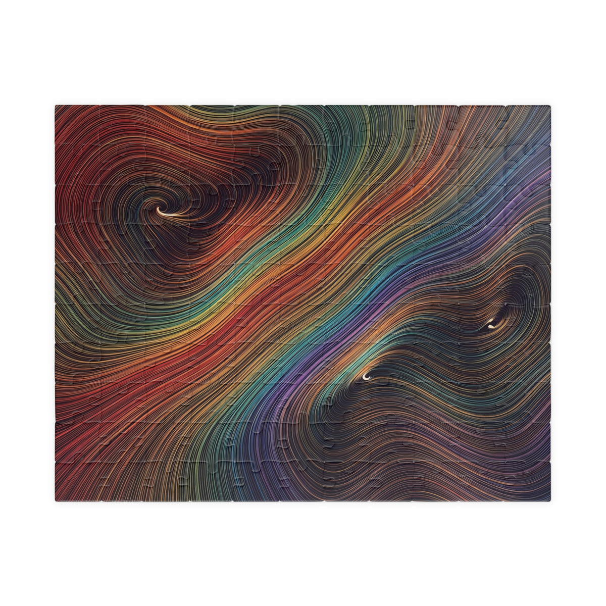 Dense rainbow-coloured contour lines flow diagonally around spirals and valleys, with red, gold, green, blue and violet.
