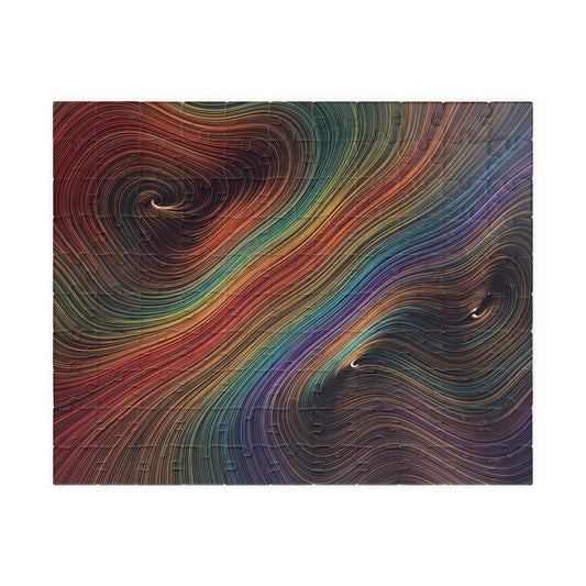 Dense rainbow-coloured contour lines flow diagonally around spirals and valleys, with red, gold, green, blue and violet.