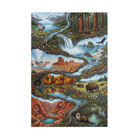 Layered wilderness illustration with mountains, redwoods, waterfalls, red canyons and wildlife linked by winding rivers.