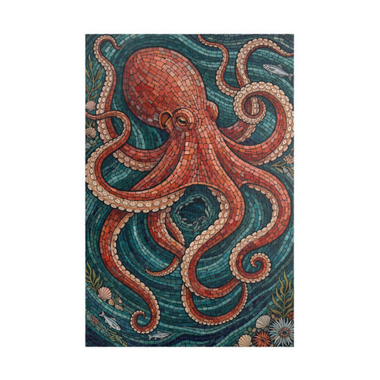 Coral and terracotta octopus with curling arms in a teal mosaic-style underwater scene with sea plants and shells.