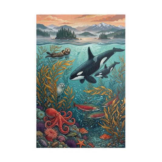 Orcas swim through turquoise water above kelp, fish and an octopus beneath a mountainous forested coastline at sunset.