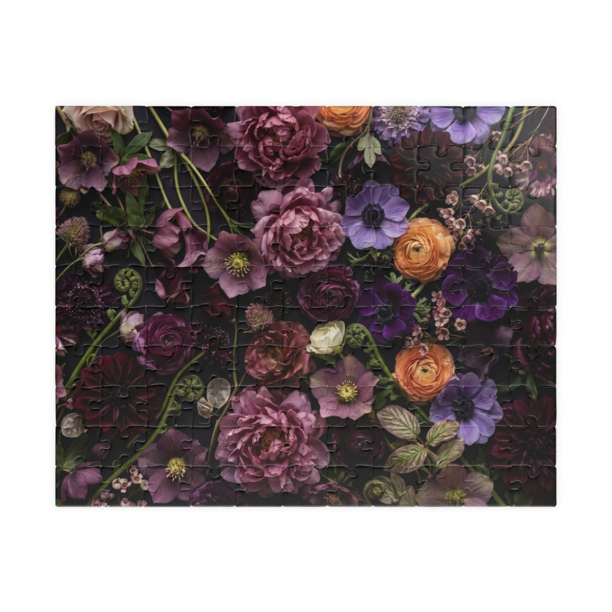 Overhead floral artwork with layered plum, mauve, dusty rose, ivory and apricot blossoms among delicate green leaves.