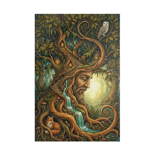 An ancient tree spirit with a calm face, winding amber roots, tiny dwellings, a waterfall, an owl and a fox in a green forest.